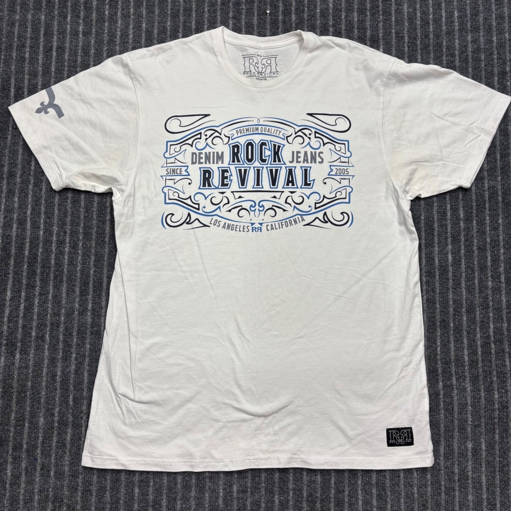 Rock Revival Mens Graphic T-Shirt XL White Denim Jeans Logo Short Sleeve Cotton